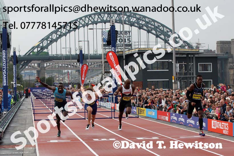 Shane Braithwaite wins the 110 metres hurdles from Lawrence Clarke and Kevin Craddock, Great North CityGames. Photo: David T. Hewitson/Sports for All Pics